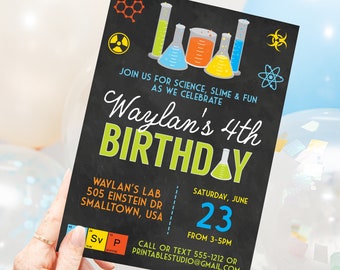 May include: A black chalkboard style birthday party invitation with colorful science themed illustrations. The invitation reads "Join us for science, slime & fun as we celebrate Waylan's 4th Birthday". The invitation also includes the date, time, and location of the party.