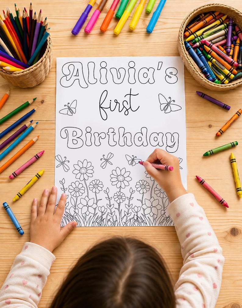 May include: A colouring page with the text Alivia's first Birthday in bubble and script lettering, surrounded by line art of flowers, butterflies, and dragonflies. The page is surrounded by coloured pencils and crayons in woven baskets.