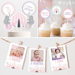 K&ouml;nnte beinhalten: Rosa und lilafarbene Zirkus-Partydekorationen mit einem rosa-wei&szlig; gestreiften Zelt, Elefanten und einem Happy Birthday Banner. Es gibt auch Cupcake-Topper mit einem Zelt und den Worten "Georgia's 1st Birthday".