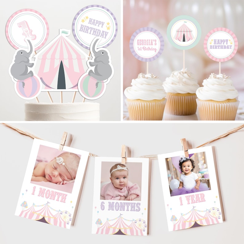 K&ouml;nnte beinhalten: Rosa und lilafarbene Zirkus-Partydekorationen mit einem rosa-wei&szlig; gestreiften Zelt, Elefanten und einem Happy Birthday Banner. Es gibt auch Cupcake-Topper mit einem Zelt und den Worten "Georgia's 1st Birthday".