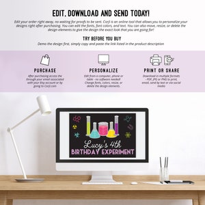 May include: A computer screen displaying a printable birthday party sign with a black background and colorful beakers. The text on the sign reads "Lucy's 4th Birthday Experiment".