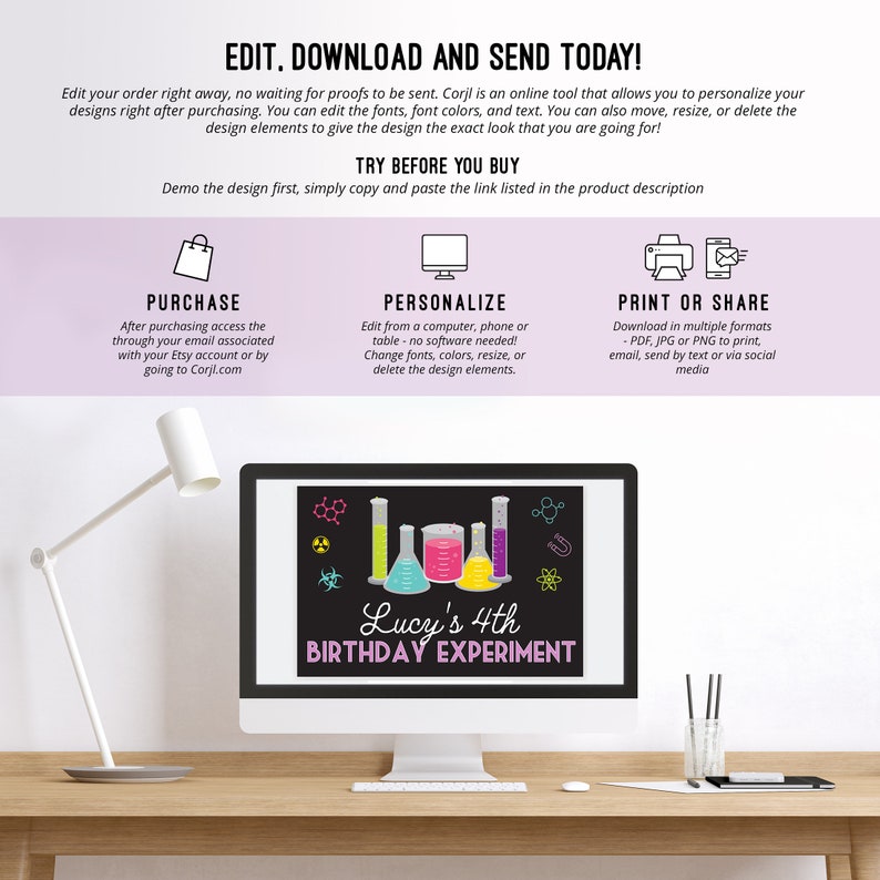 May include: A computer screen displaying a printable birthday party sign with a black background and colorful beakers. The text on the sign reads "Lucy's 4th Birthday Experiment".