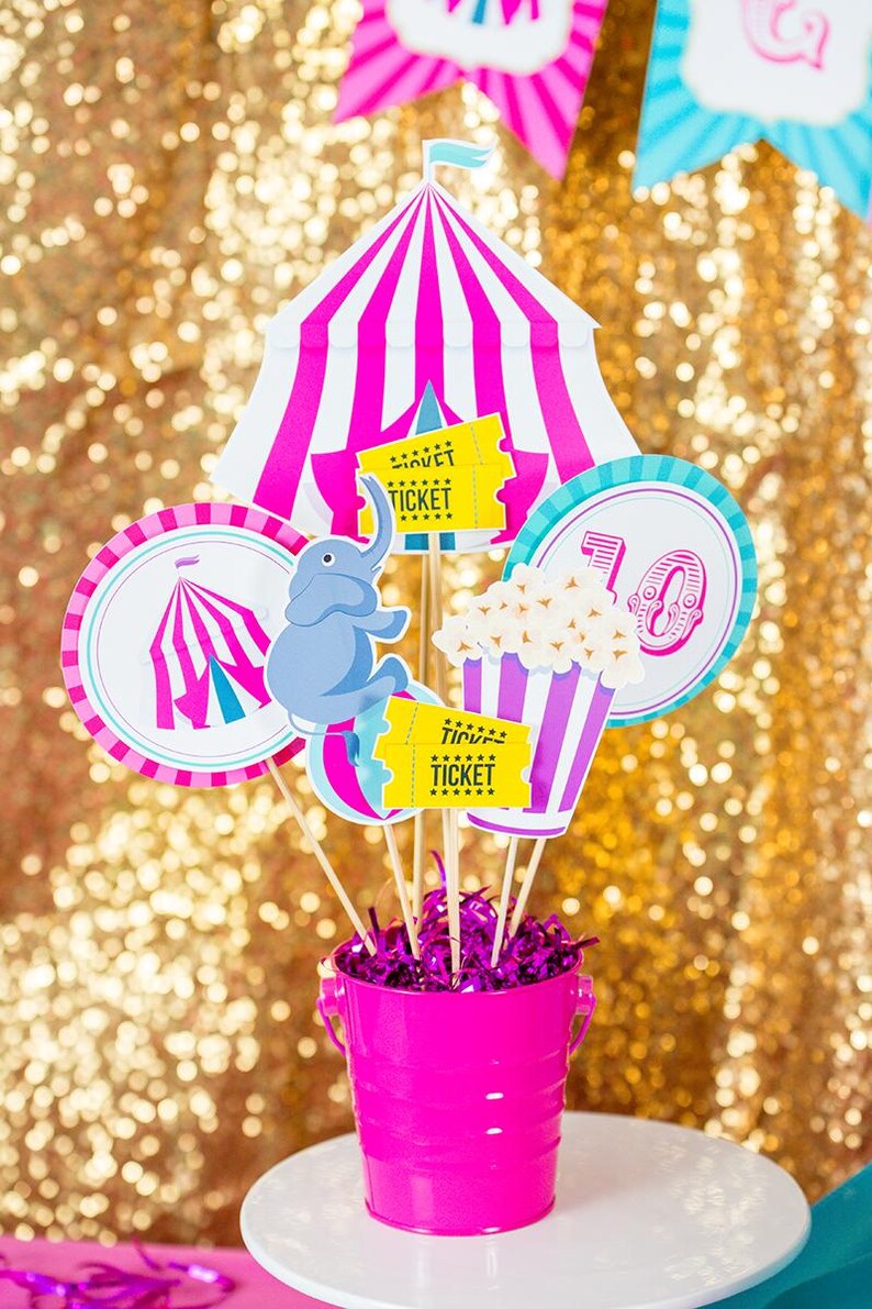 May include: A pink and white circus tent centerpiece with a pink bucket, popcorn, an elephant, and tickets that say "Circus Ticket".