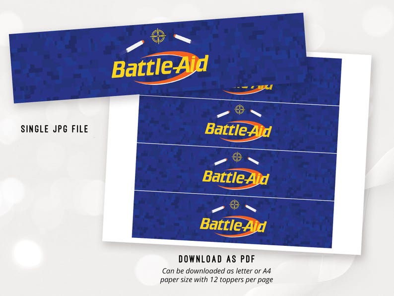 May include: Printable digital download of 12 blue and yellow "Battle-Aid" bottle toppers. The toppers feature a camouflage pattern and the text "Battle-Aid" in a yellow circle with a red outline.