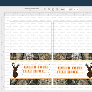 May include: Two printable labels with a camouflage background and a silhouette of a deer with antlers. The text "ENTER YOUR TEXT HERE..." is printed on each label.