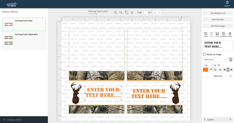 May include: Two printable labels with a camouflage background and a silhouette of a deer with antlers. The text "ENTER YOUR TEXT HERE..." is printed on each label.