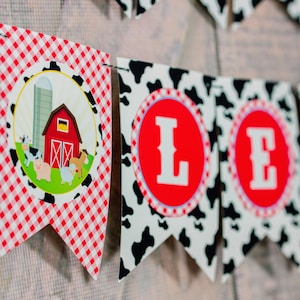 Farm Birthday Banner, Printable Farm Birthday Party Banner in Red Gingham, Barnyard Birthday Banner,   Instant Download Farm Banner