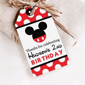 ミッキーマウスの記念品タグ - 印刷可能な赤いミッキーマウスのパーティー記念品タグ、ミッキーの誕生日のサンキュータグ、ミッキーの吊り下げタグ