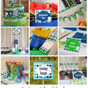 May include: A printable set of golf-themed party decorations. The set includes signs that say "Caddie's Sweet Spot", "Watermelon Slice", "Water Hazard", "Driving Range", and "Wormburners". There are also images of golf balls, golf clubs, and golf flags.