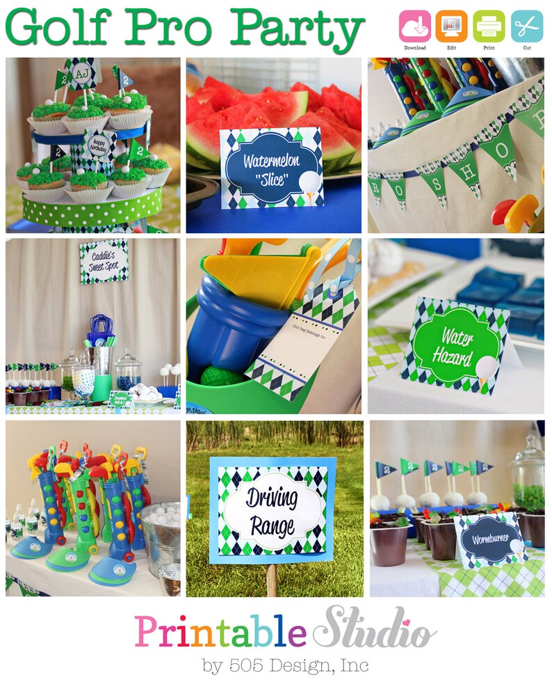 May include: A printable set of golf-themed party decorations. The set includes signs that say "Caddie's Sweet Spot", "Watermelon Slice", "Water Hazard", "Driving Range", and "Wormburners". There are also images of golf balls, golf clubs, and golf flags.