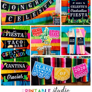 Op de afbeelding: Printbare feestversiering in fiesta-thema voor de afstuderen. De versiering omvat een banner met de tekst "Congra Celeste", een bord met de tekst "Welkom op Celeste's afstudeerfeest", en een bord met de tekst "Let's Fiesta Taco Bar Gifts & Cards Cantina Gracias".