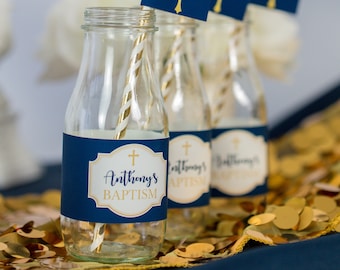First Communion Water Labels in Navy and Gold -  Water Labels for First Communion Party in Navy and Gold by Printable Studio