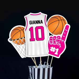 Basketbaltafeldecoraties in roze - afdrukbare tafeldecoraties basketbal verjaardagsfeestje - Basketbaltafeldecoraties direct downloaden
