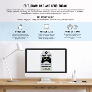 May include: A printable game over tag with a gray and green color scheme. The tag features a black and green video game controller with a white button. The text "GAME OVER" is in white letters on a gray background. The text "THANKS FOR gaming with me!" is in green letters on a white background. The text "NAME" is in white letters on a green background.