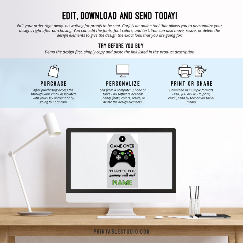 May include: A printable game over tag with a gray and green color scheme. The tag features a black and green video game controller with a white button. The text "GAME OVER" is in white letters on a gray background. The text "THANKS FOR gaming with me!" is in green letters on a white background. The text "NAME" is in white letters on a green background.