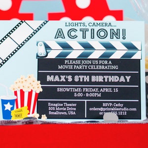 May include: A movie-themed birthday party invitation with a light blue background. The invitation features a film strip, a clapperboard, and popcorn. Text includes "Lights, Camera, Action!" and party details for Max's 8th birthday.