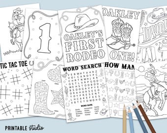 Pagine da colorare e attività a tema cowboy: Pagine da colorare stampabili per il primo compleanno a tema rodeo 8008 (file digitale)