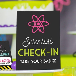 Scientist Check-In Sign in Pink Printable Science Party Sign Girls Science Experiment Party Sign STEM Party Checkin Sign by Printable Studio