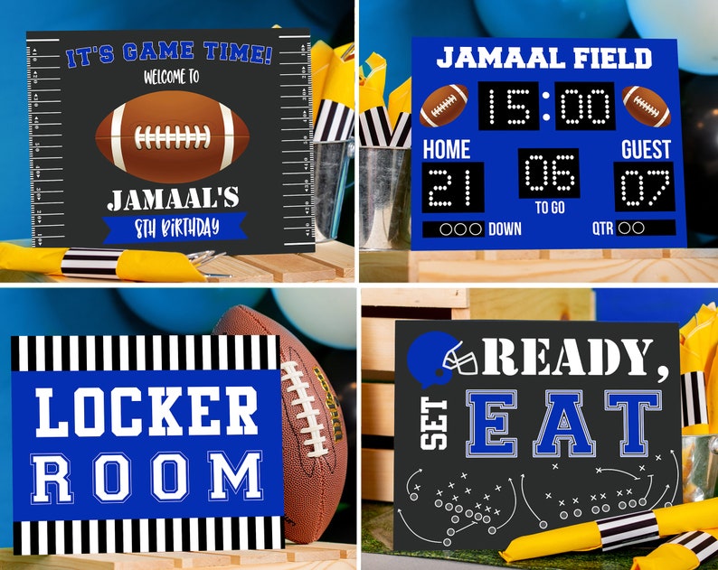 Puede incluir: Cuatro carteles imprimibles para una fiesta de cumplea&ntilde;os con tem&aacute;tica de f&uacute;tbol. Los carteles son negros con acentos blancos y azules. Los carteles dicen "&iexcl;Es hora de jugar! Bienvenido al 5&ordm; cumplea&ntilde;os de Jamaal", "Campo de Jamaal", "Vestuario" y "Listos, preparados, &iexcl;a comer!".