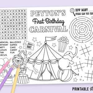 Carnival Coloring Placemat, Circus Activity Page Canva Template 8017 (digital file)