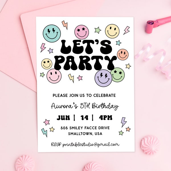 Editable Smiley Invitation Let's Party Smiley Face Birthday Invitation Smiley Birthday Girls Birthday Ideas