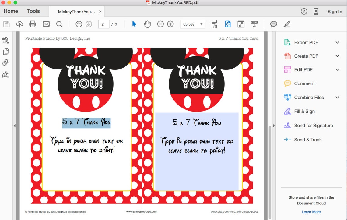 Mickey Mouse Thank You Card INSTANT DOWNLOAD Printable - Etsy