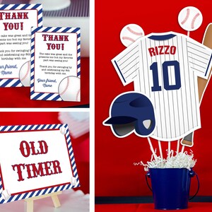 May include: Baseball-themed party decorations. Includes thank you cards with baseball graphics, a sign that says "Old Timer", and a baseball jersey cutout with the name "Rizzo" and the number 10. A blue bucket holds the decorations.
