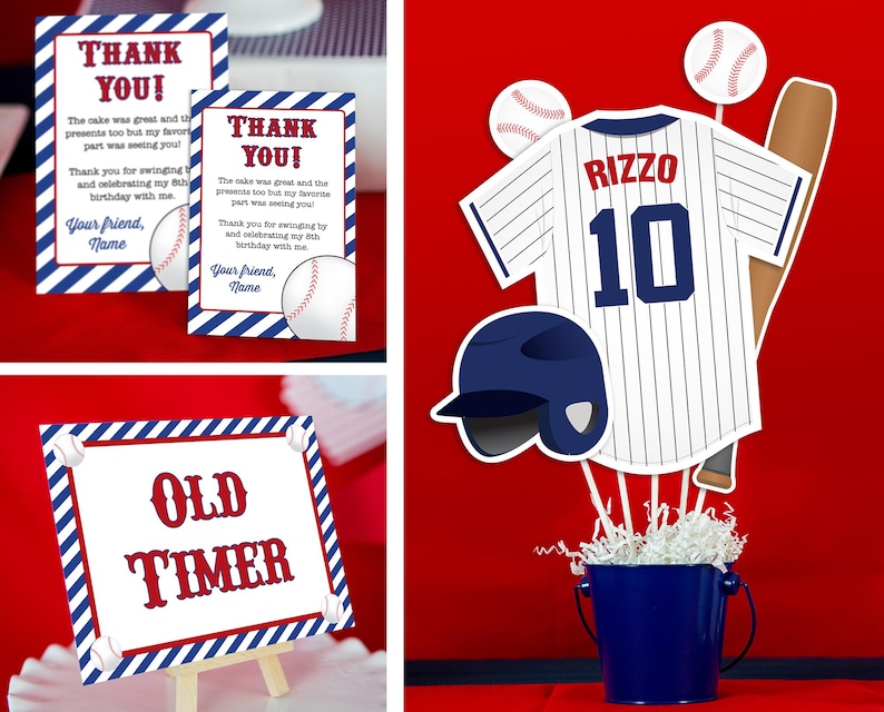 May include: Baseball-themed party decorations. Includes thank you cards with baseball graphics, a sign that says "Old Timer", and a baseball jersey cutout with the name "Rizzo" and the number 10. A blue bucket holds the decorations.