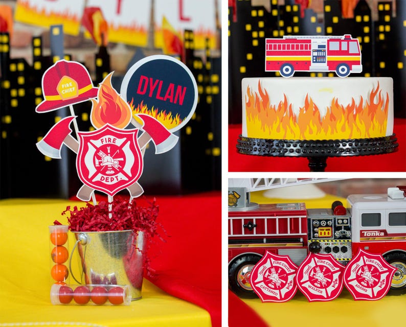 May include: Firefighter themed party decorations with a red fire truck, a cake with flames, and a centerpiece with a fire department logo, a fire chief hat, and the name "DYLAN".