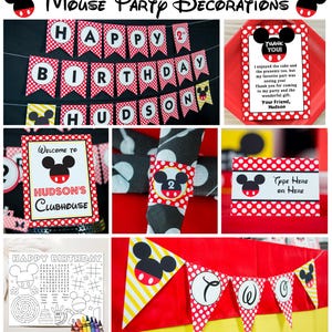 May include: A collection of party decorations with a Mickey Mouse theme. Includes a banner that says "Happy Birthday Hudson", welcome sign, thank you cards, napkin rings, and a coloring page. The color scheme is red, black, white, and yellow.