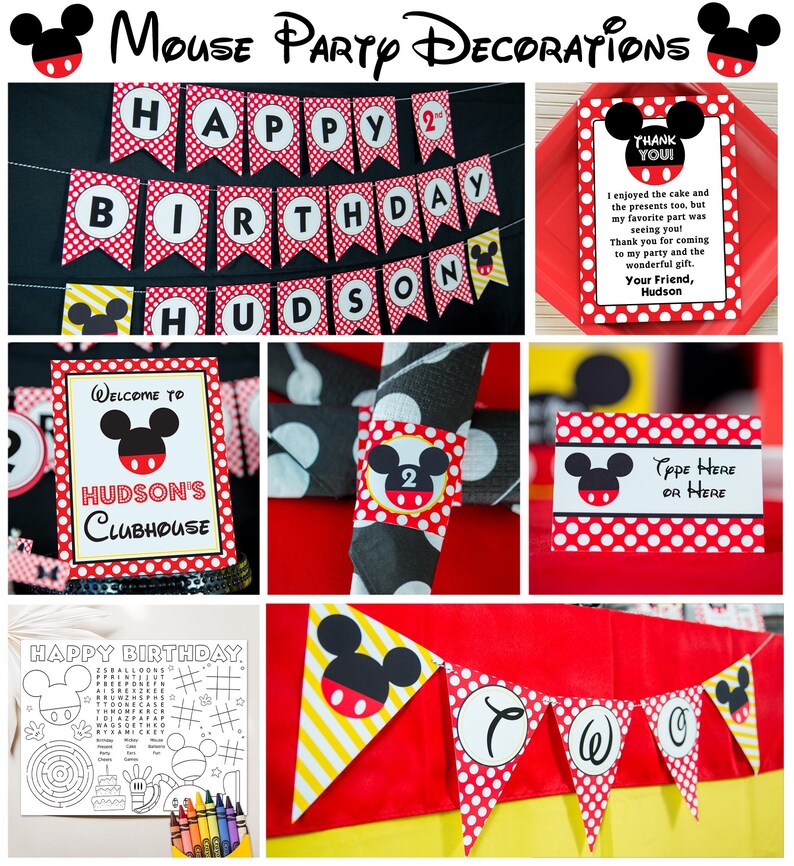 May include: A collection of party decorations with a Mickey Mouse theme. Includes a banner that says "Happy Birthday Hudson", welcome sign, thank you cards, napkin rings, and a coloring page. The color scheme is red, black, white, and yellow.