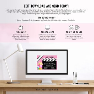 May include: A computer screen displaying a pink and black movie-themed birthday invitation template. The invitation features a clapperboard with the text "Action" and a popcorn bucket. The text on the invitation reads "Enna's 8th Birthday".