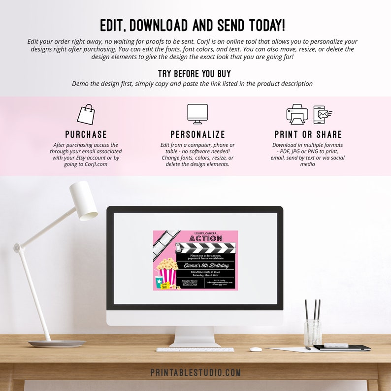 May include: A computer screen displaying a pink and black movie-themed birthday invitation template. The invitation features a clapperboard with the text "Action" and a popcorn bucket. The text on the invitation reads "Enna's 8th Birthday".