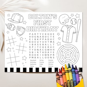 Editable Baseball Party Coloring Page Baseball Placemat Basketball Activity Page Baseball Birthday Party Activities Printable Baseball Games