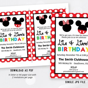 May include: Birthday invitations featuring Mickey and Minnie Mouse silhouettes. The invitations have a red polka dot border and include party details such as the date, time, and location. The text reads "Lila & Liam's Birthday".