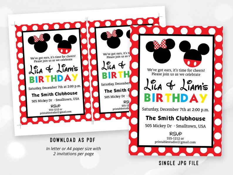 May include: Birthday invitations featuring Mickey and Minnie Mouse silhouettes. The invitations have a red polka dot border and include party details such as the date, time, and location. The text reads "Lila & Liam's Birthday".