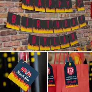May include: Firefighter themed birthday party decorations with a black and red banner that says "Happy 5th Birthday Dylan" and a red and black thank you tag that says "Thanks for coming to the rescue! Dylan".