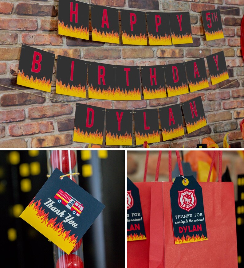 May include: Firefighter themed birthday party decorations with a black and red banner that says "Happy 5th Birthday Dylan" and a red and black thank you tag that says "Thanks for coming to the rescue! Dylan".