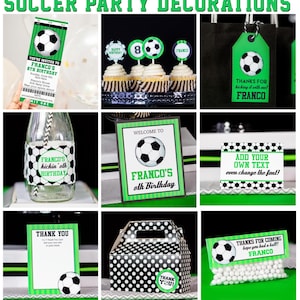 May include: Soccer party decorations with a green and black color scheme. The decorations include a welcome sign, a favor bag, a cupcake topper, a bottle label, a thank you card, and a favor box. The decorations feature a soccer ball design and the text "Franco's 8th Birthday".
