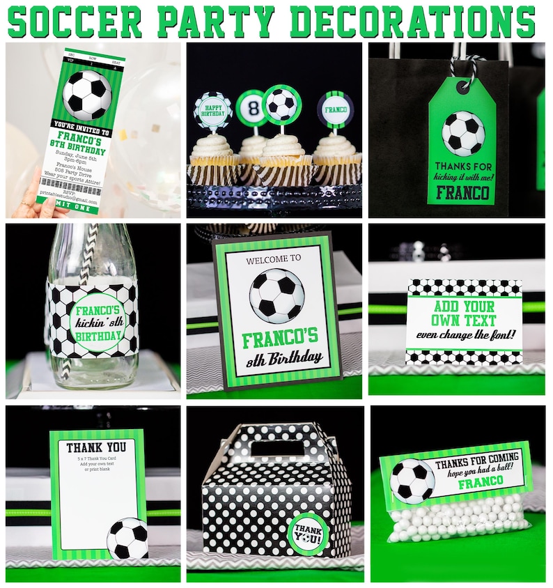 May include: Soccer party decorations with a green and black color scheme. The decorations include a welcome sign, a favor bag, a cupcake topper, a bottle label, a thank you card, and a favor box. The decorations feature a soccer ball design and the text "Franco's 8th Birthday".
