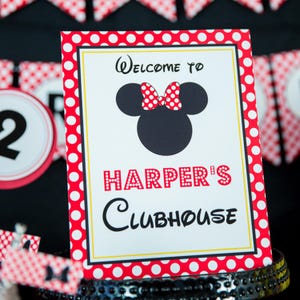 Bewerkbaar Minnie Mouse-welkomstbord in rood Instant Download Minnie Mouse-feestbord rood Minnie-bordje verjaardagsfeestje