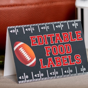 May include: Editable food labels with a football design. The labels are black with red text and a white border. The text reads "Editable Food Labels".