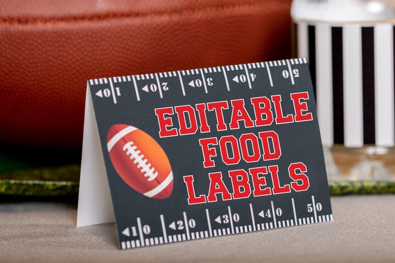 May include: Editable food labels with a football design. The labels are black with red text and a white border. The text reads "Editable Food Labels".