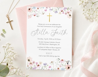 Invitación de Primera Comunión con flores silvestres y detalles dorados (archivo digital)