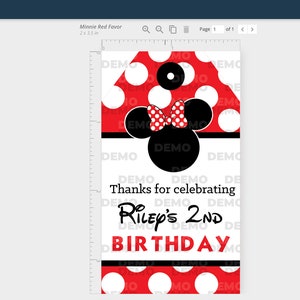 May include: Red and white polka dot Minnie Mouse favor tag with black ears and a red bow. The tag says "Thanks for celebrating Riley's 2nd Birthday".