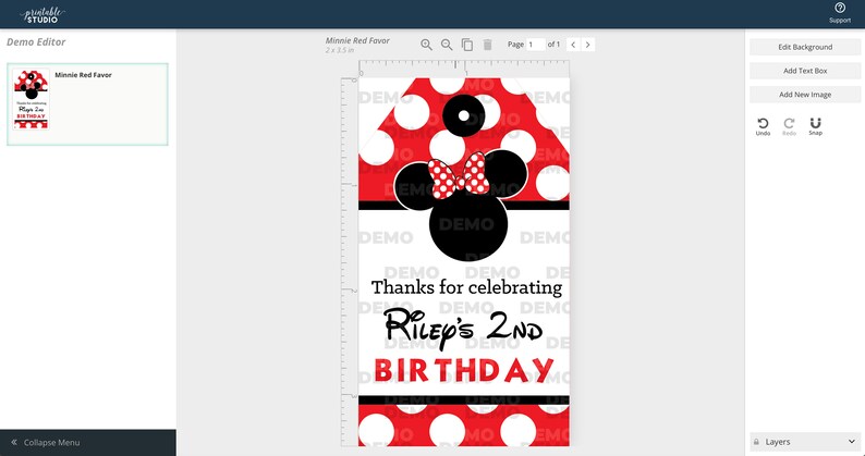 May include: Red and white polka dot Minnie Mouse favor tag with black ears and a red bow. The tag says "Thanks for celebrating Riley's 2nd Birthday".