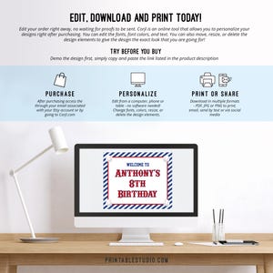 May include: A computer monitor displays a birthday party invitation design with the text "Welcome to Anthony's 8th Birthday." The design features a red and blue color scheme with baseball-themed accents. The image also includes instructions for purchase, personalization, and printing.