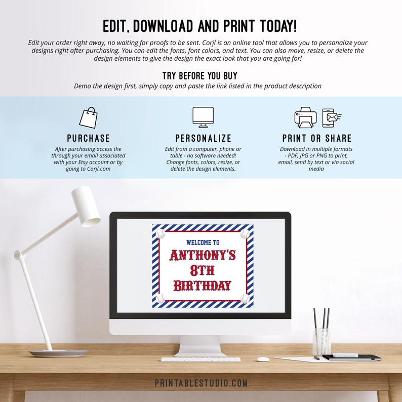 May include: A computer monitor displays a birthday party invitation design with the text "Welcome to Anthony's 8th Birthday." The design features a red and blue color scheme with baseball-themed accents. The image also includes instructions for purchase, personalization, and printing.