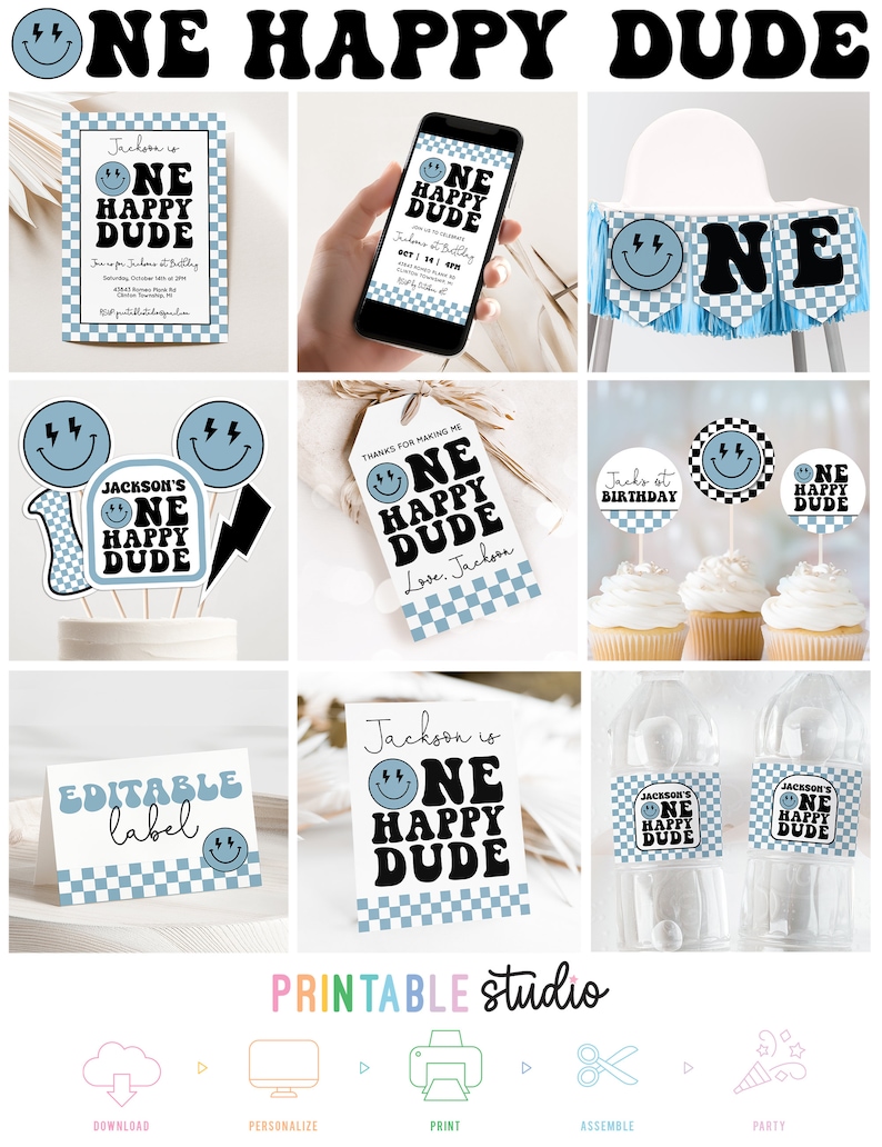 May include: Printable party decorations for a first birthday with a blue, black, and white checkered pattern. The decorations feature a smiling face with lightning bolts and the text "One Happy Dude".