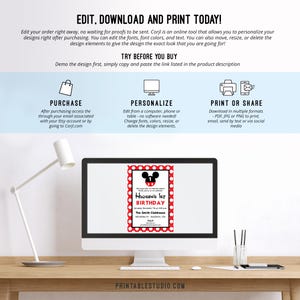May include: A computer monitor displays a red and white polka dot invitation with a Mickey Mouse theme for Hudson's 1st birthday. The screen is on a wooden desk with a white lamp and a glass of pens. Text on the screen reads "Hudson's 1st Birthday".